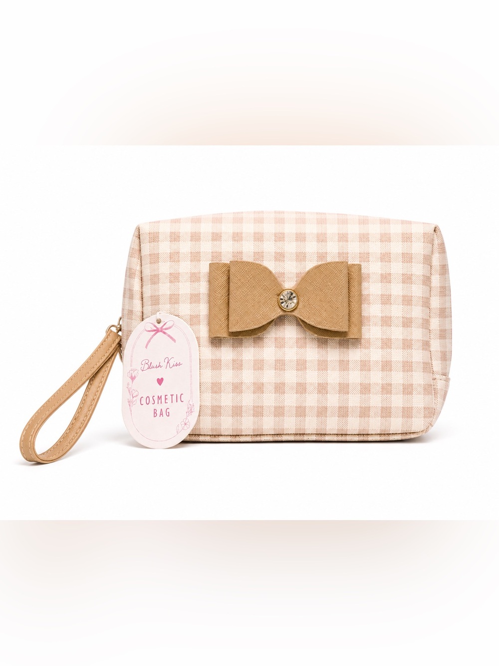 Blush Kiss Cosmetic Bag in Pink Gingham with Bow Accent